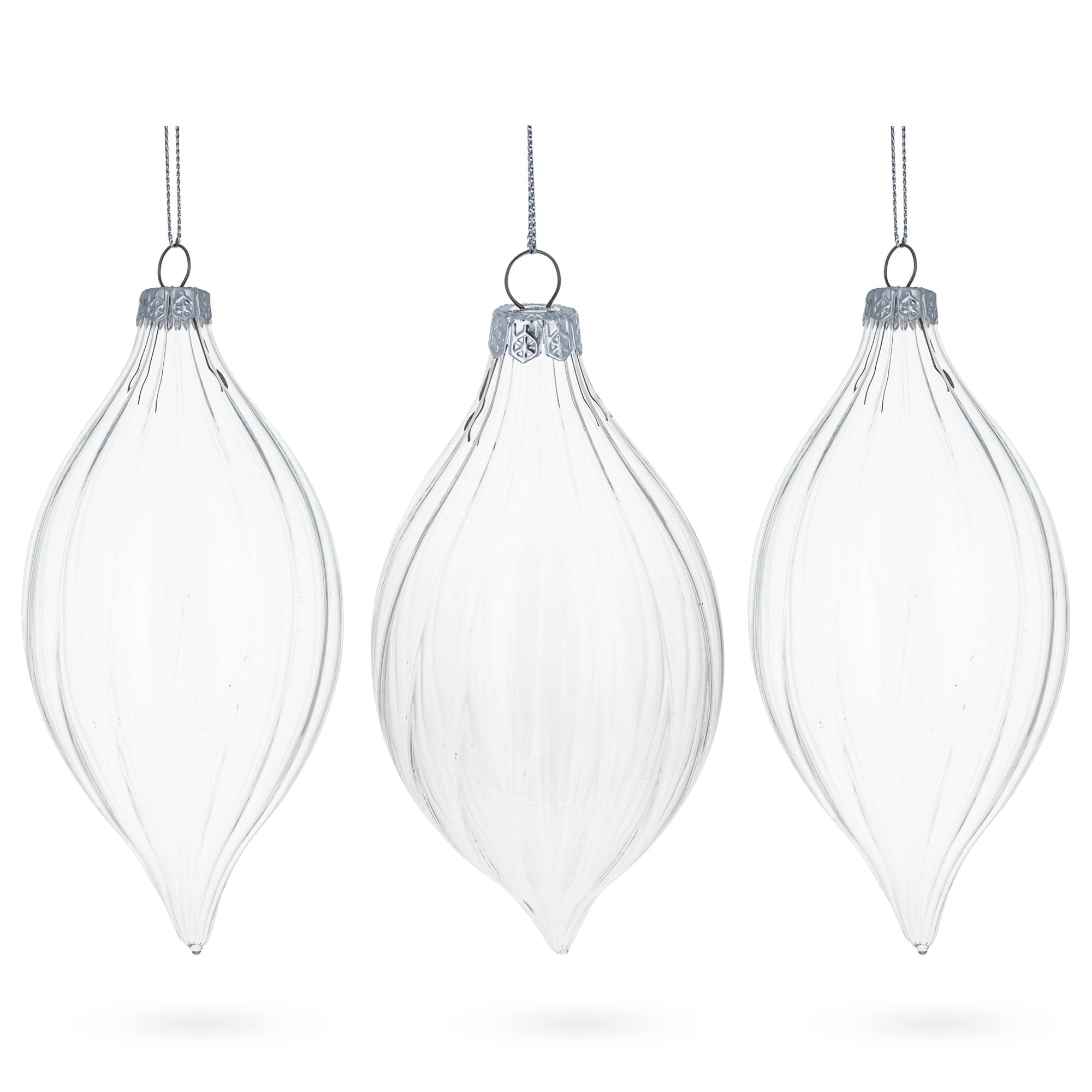 Set of 3 Striped Rhombus Finial Clear Blown Glass Ornament 5.8 Inches in Clear color Finial