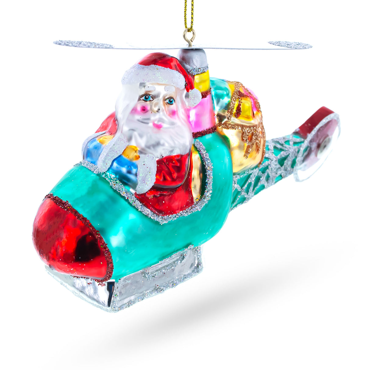 Glass Santa Claus Pilot in Helicopter - Festive Blown Glass Christmas Ornament in Multi color