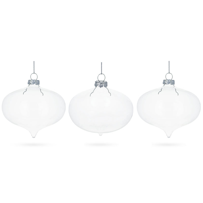 Set of 3 Onion Shape - Blown Clear Glass Christmas Ornament 4.15 Inches (105 mm) in Clear color, Oval shape