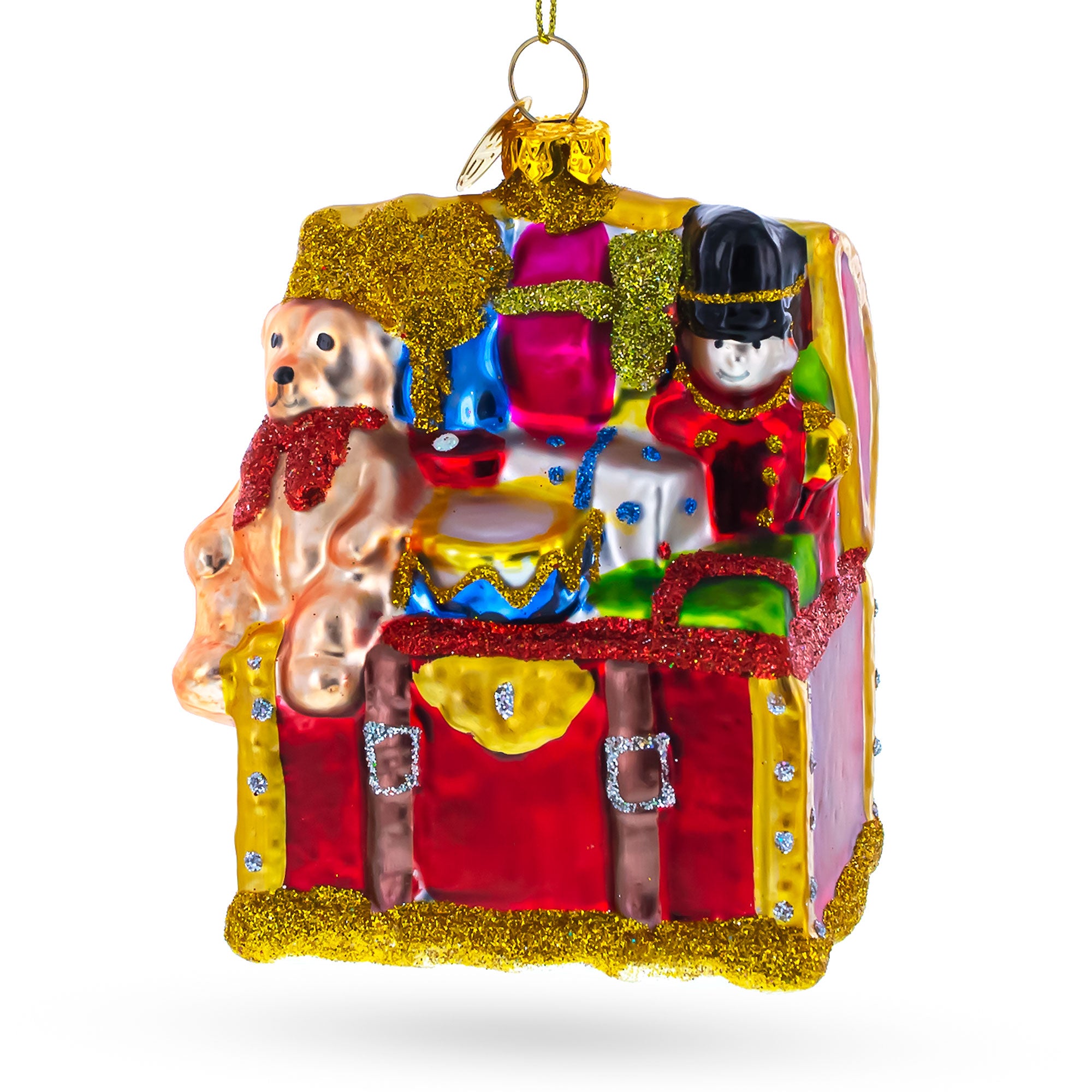 Teddy Bear, Nutcracker, and Gift Chest Glass Christmas Ornament in Red color Figurine