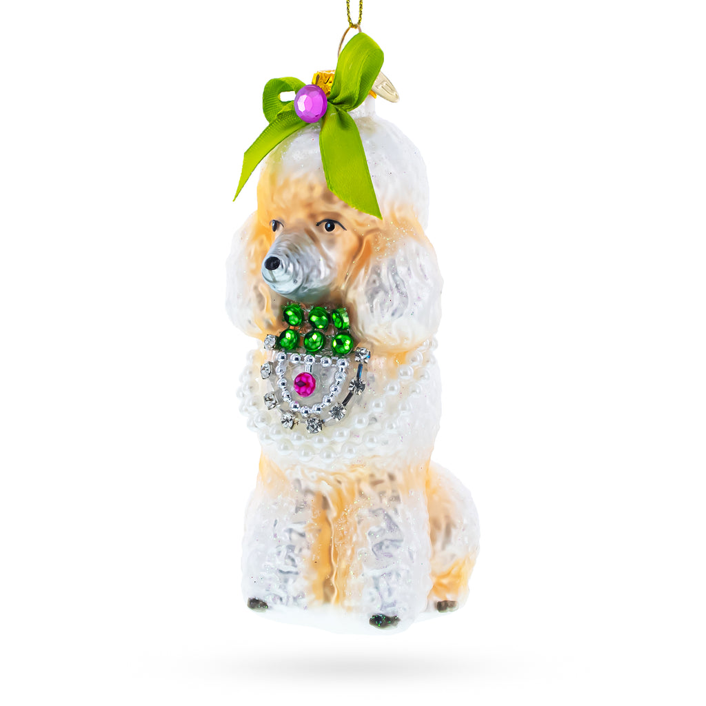 Poodle with Green Bow Glass Christmas Ornament in White color Figurine
