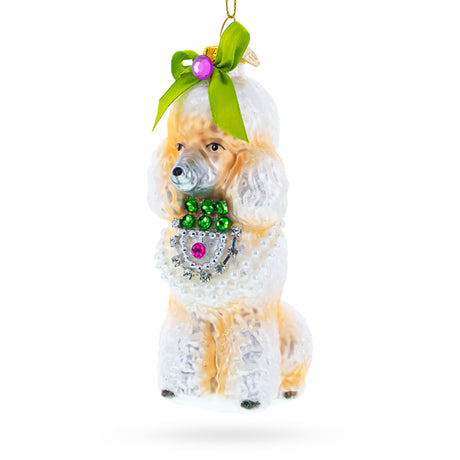 Elegant Poodle with Green Bow Blown Glass Christmas Ornament in Multi color