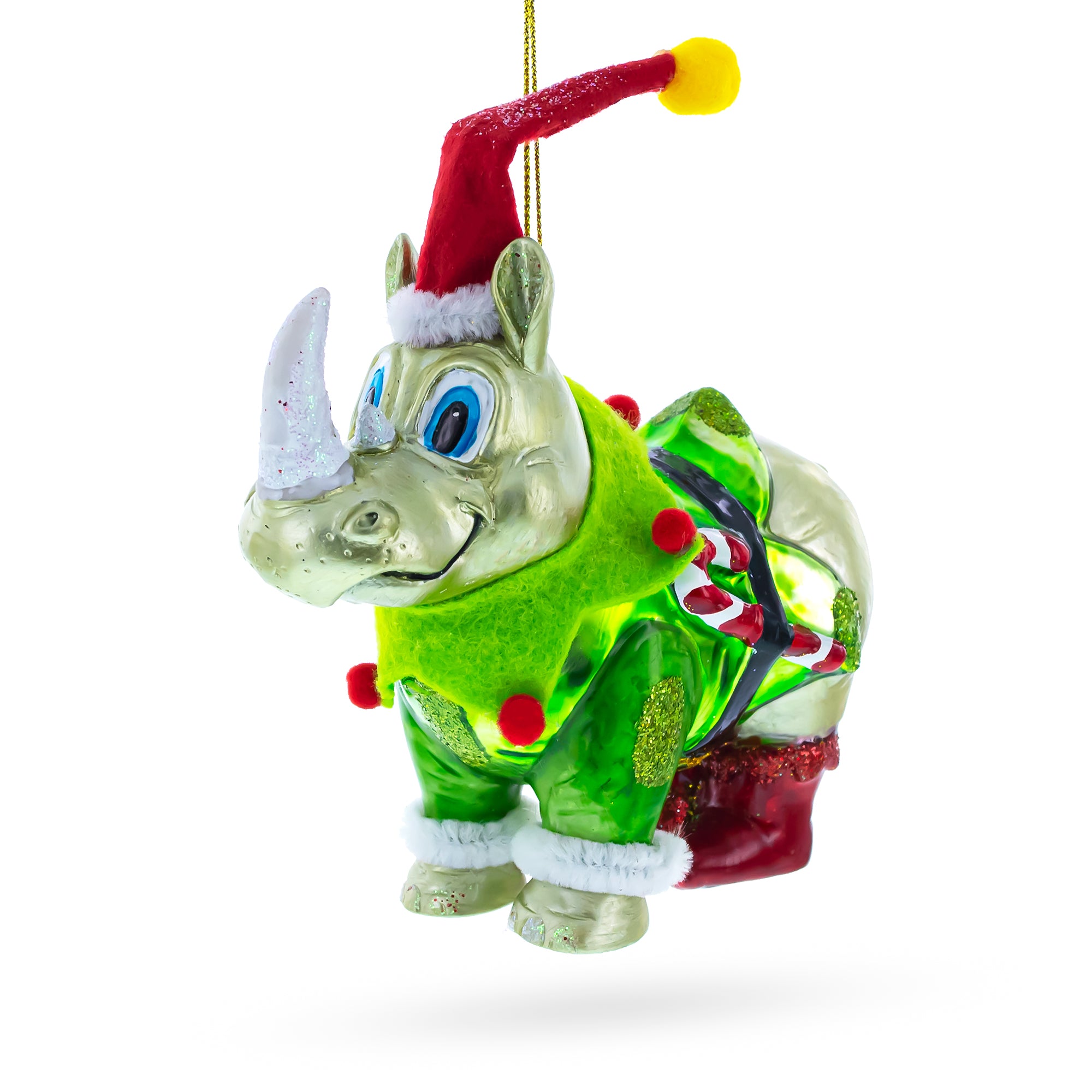 Rhino in Santa Hat Glass Christmas Ornament in Green color Figurine