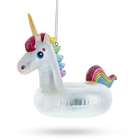 Whimsical Unicorn Floatie - Blown Glass Christmas Ornament in White color,  shape