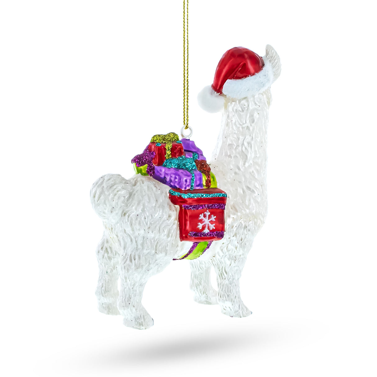Festive Llama with Presents Blown Glass Christmas Ornament ,dimensions in inches: 4.6 x 1.7 x 3.4