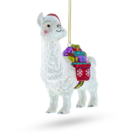 Glass Festive Llama with Presents Blown Glass Christmas Ornament in Ivory color