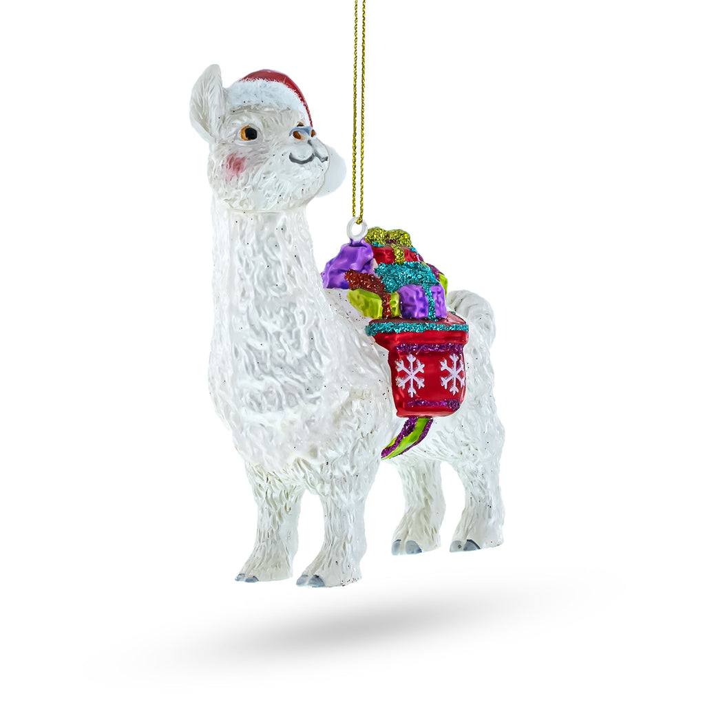 Lama with Presents Glass Christmas Ornament in Ivory color Figurine