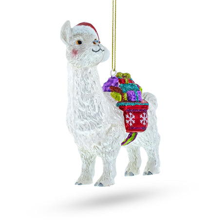 Festive Lama with Presents Blown Glass Christmas Ornament in Ivory color