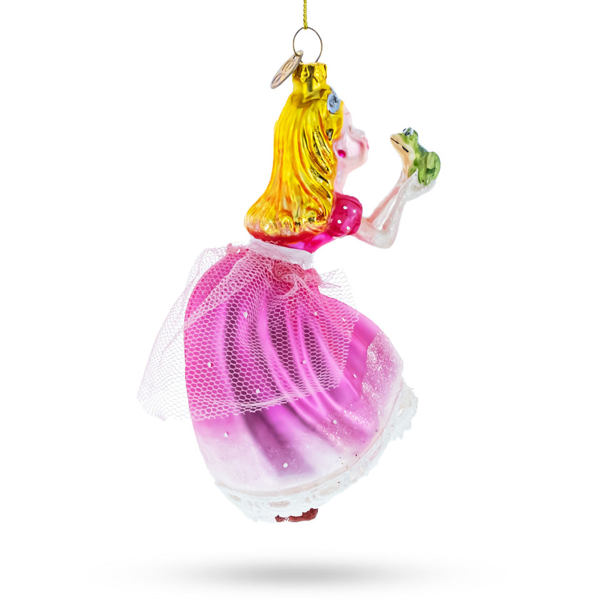 Princess Kissing Frog Prince Blown Glass Christmas Ornament , dimensions in inches:  x  x