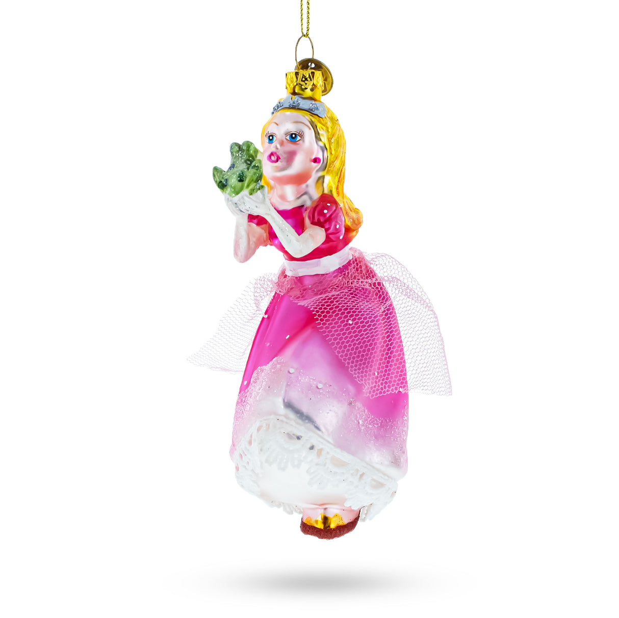 Enchanted Love: Princess Kissing Frog Prince - Blown Glass Christmas Ornament in Pink color,  shape
