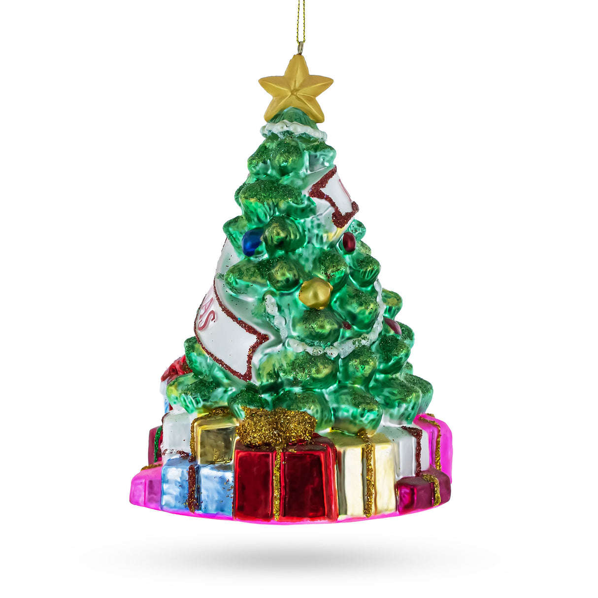 Festively Decorated Christmas Tree - Blown Glass Christmas Ornament ,dimensions in inches: 6.8 x 4.5 x 4.5