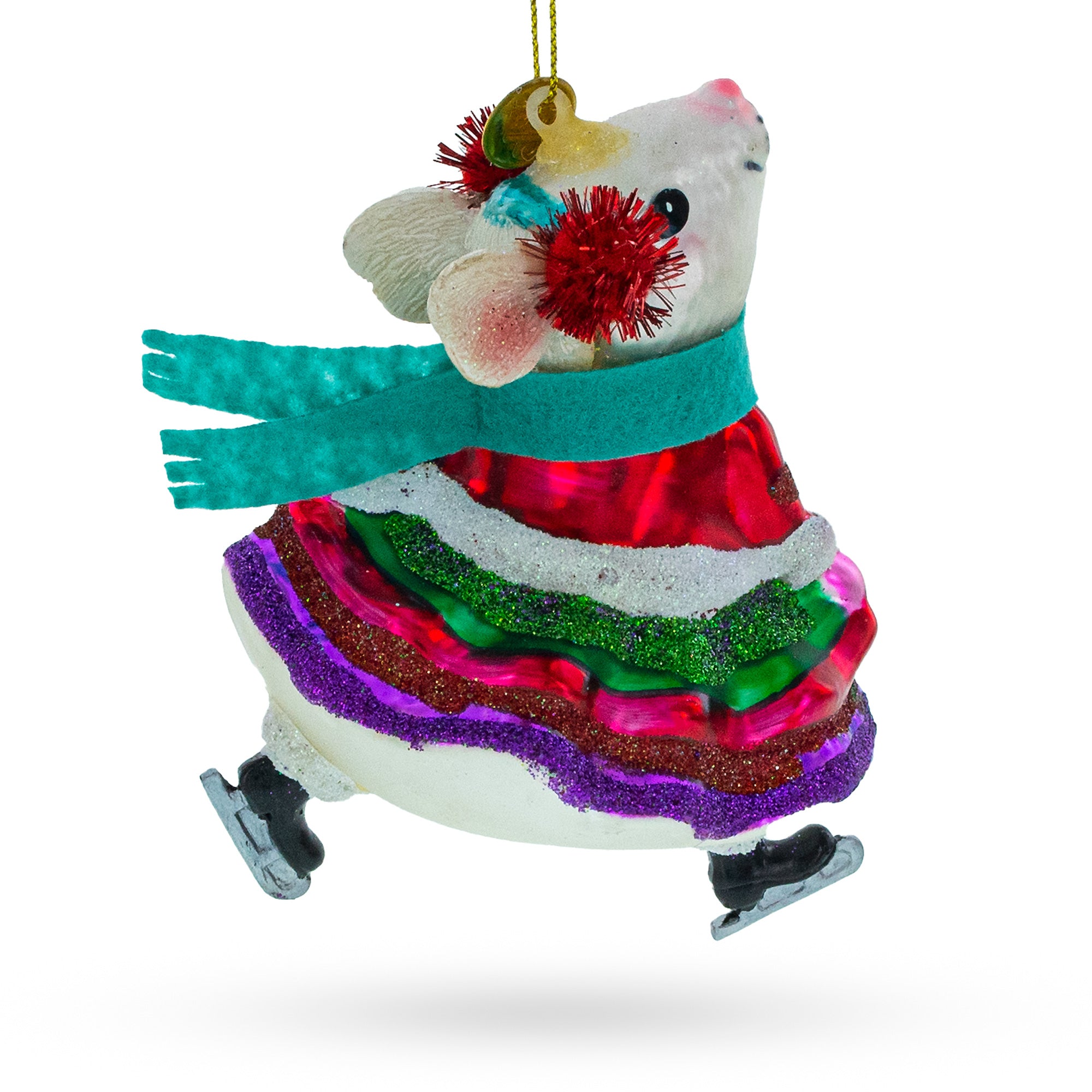 Mouse on Ice Skates Glass Christmas Ornament in Multi color Figurine