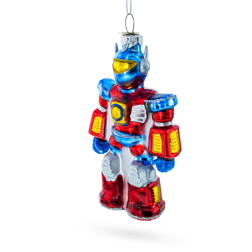 Red and Blue Robot  Blown Glass Christmas Ornament in Multi color Figurine