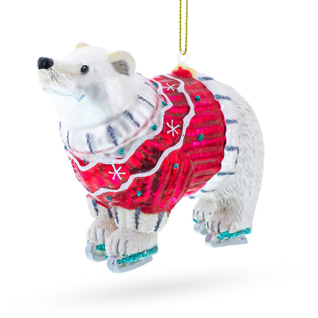 Polar Bear Wearing a Festive Sweater Blown Glass Christmas Ornament in Multi color