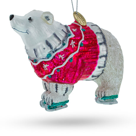Glass Cozy Polar Bear Wearing a Festive Sweater - Blown Glass Christmas Ornament in Multi color