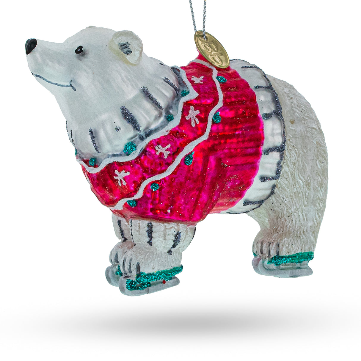 Glass Cozy Polar Bear Wearing a Festive Sweater - Blown Glass Christmas Ornament in Multi color