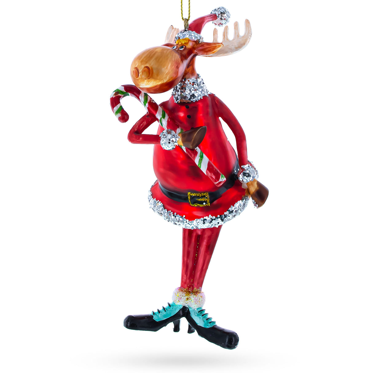 Cheerful Chubby Moose with Candy Cane - Jolly Blown Glass Christmas Ornament in Red color,  shape