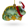 Chameleon in Santa Hat - Blown Glass Christmas Ornament in Green color,  shape