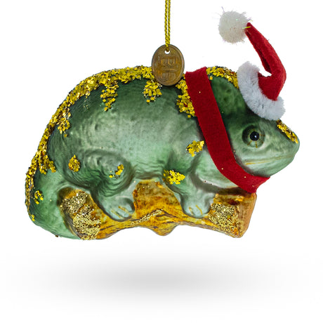 Chameleon in Santa Hat Blown Glass Christmas Ornament in Green color