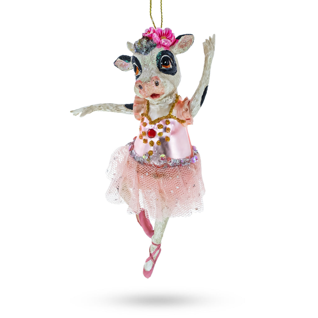 Ballerina Cow in Tutu Dancing Glass Christmas Ornament in Pink color Figurine