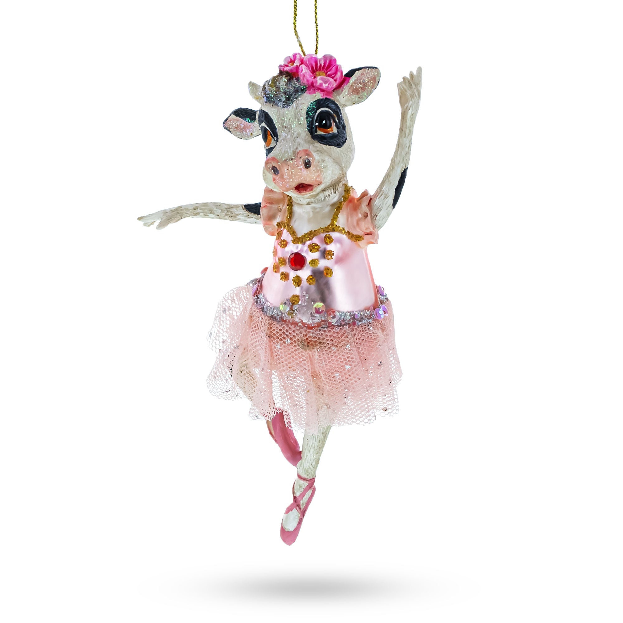 Ballerina Cow in Tutu Dancing Glass Christmas Ornament in Pink color Figurine