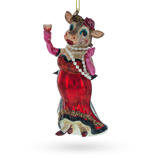 Elegant Cow Sipping Red Wine - Blown Glass Christmas Ornament in Multi color,  shape