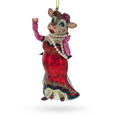 Glass Elegant Cow Sipping Red Wine - Blown Glass Christmas Ornament in Multi color