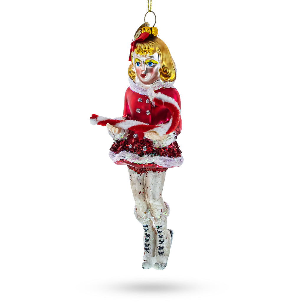Glass Twirling Ice Skater: Girl with Candy Cane - Blown Glass Christmas Ornament in Multi color