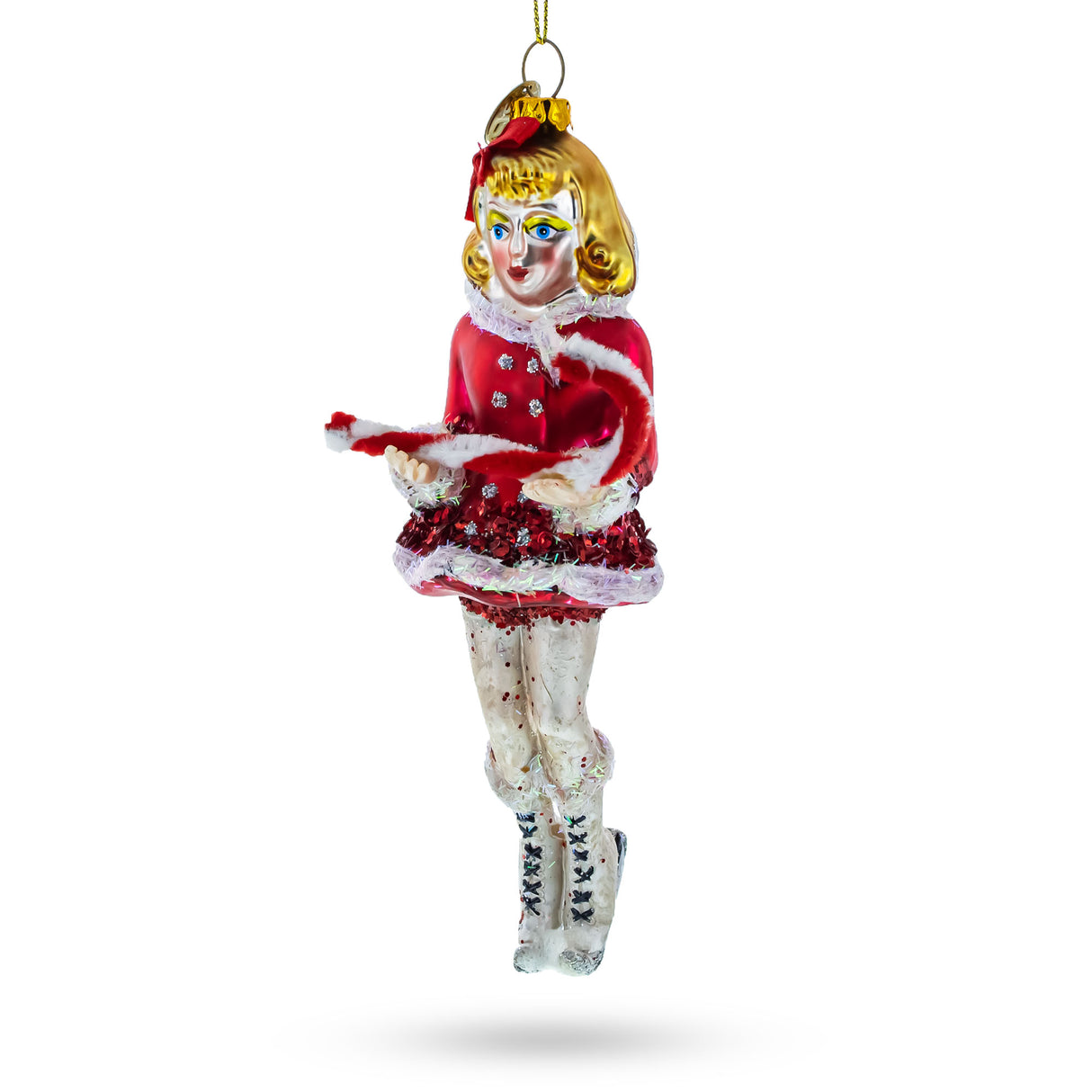 Twirling Ice Skater: Girl with Candy Cane - Blown Glass Christmas Ornament in Multi color,  shape