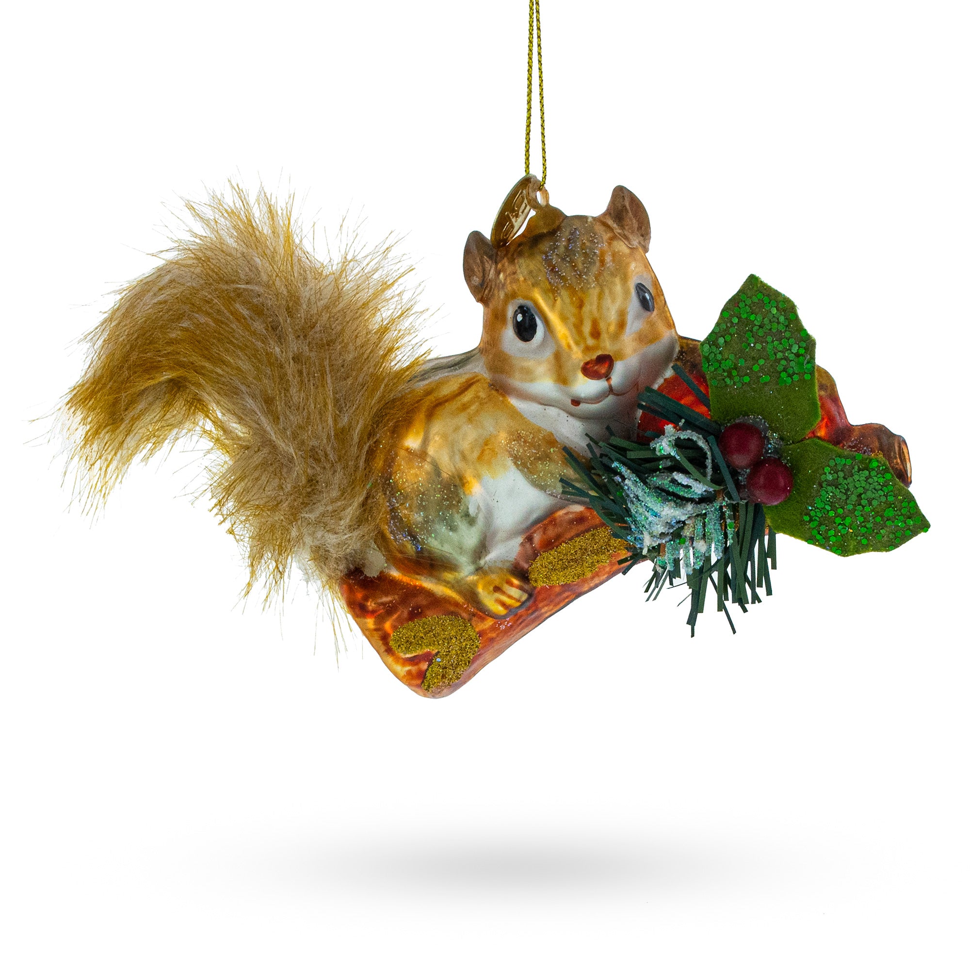 Squirrel on a Blossoming Branch Glass Christmas Ornament in Brown color Figurine