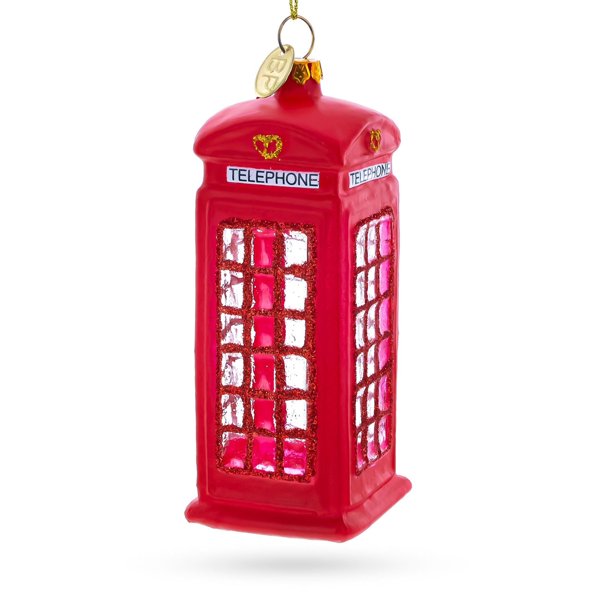 Red Telephone Booth in London, United Kingdom Blown Glass Christmas Ornament in Red color Figurine