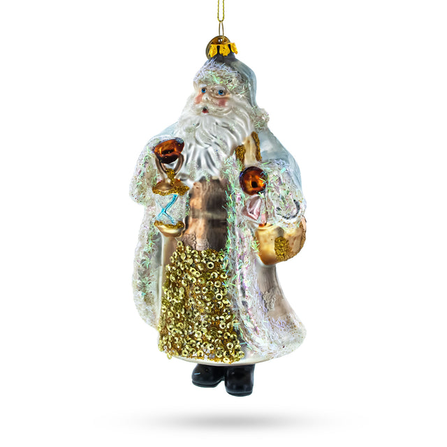 Enchanting Glittered Santa Holding a Magical Lantern - Blown Glass Christmas Ornament in Multi color,  shape