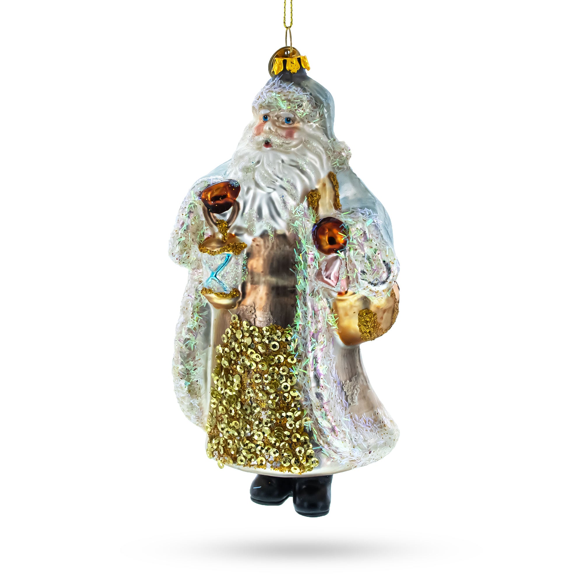 Glittered Santa Holding a Magical Lantern Glass Christmas Ornament in Multi color Figurine
