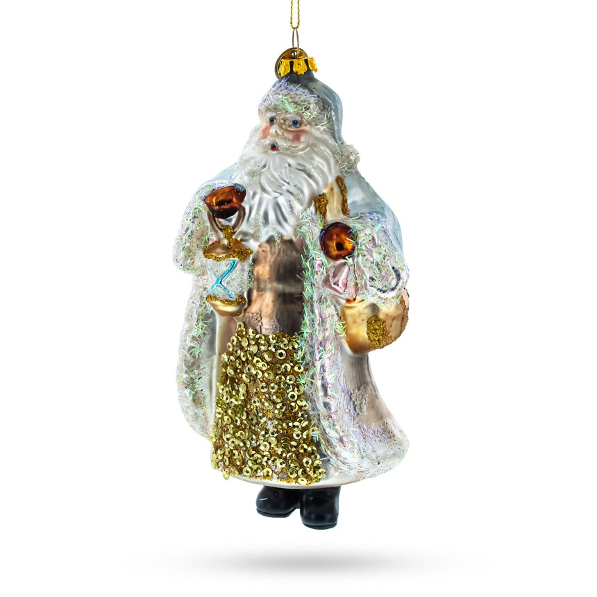 Glittered Santa Holding a Magical Lantern Blown Glass Christmas Ornament in Multi color