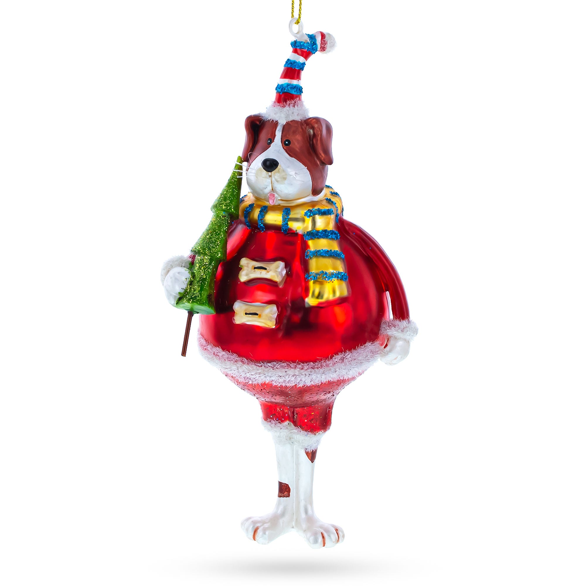 Dog in Fur Hat Holding Tree Glass Christmas Ornament in Red color Figurine