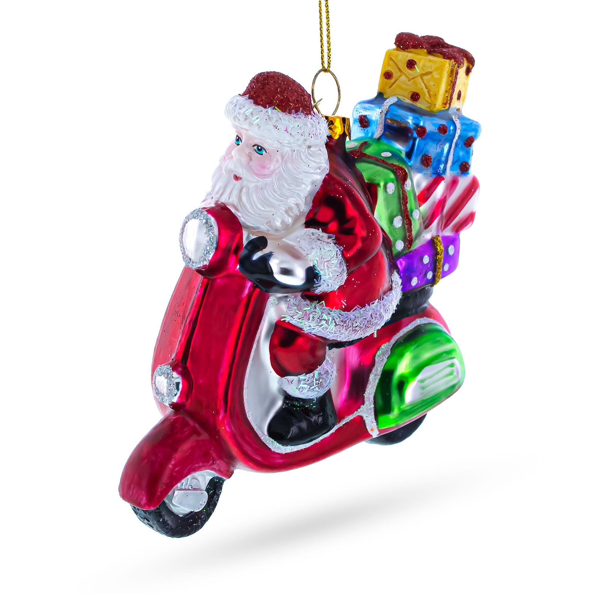 Santa Riding Retro Scooter with Gifts Glass Christmas Ornament in Red color Figurine