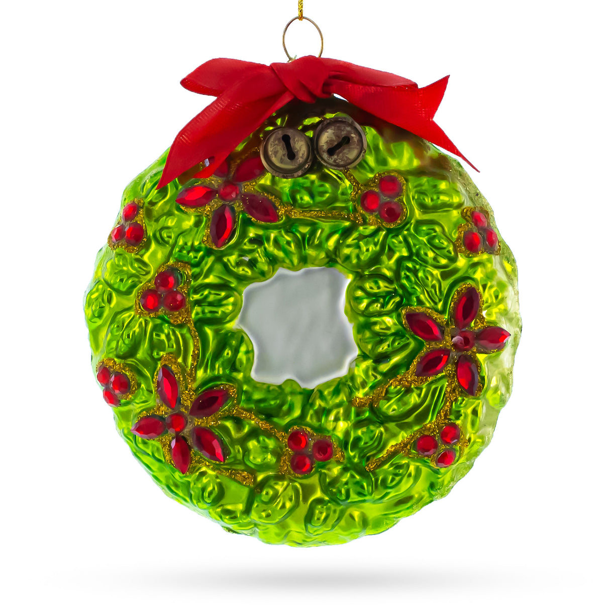 Enchanting Hummingbirds on a Floral Wreath - Blown Glass Christmas Ornament in Green color, Round shape