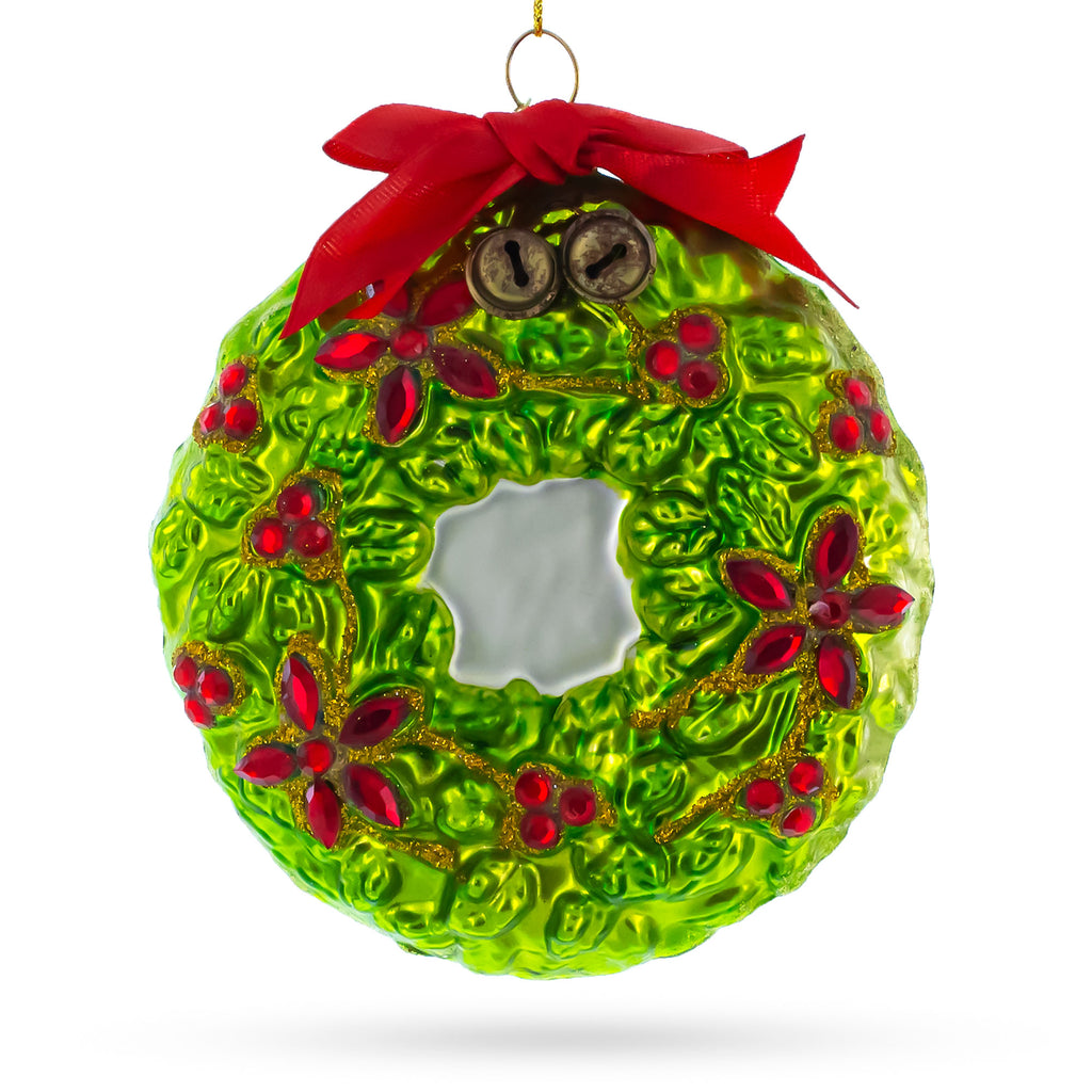 Holiday Wreath with Red Bow and Bells Glass Christmas Ornament in Green color Figurine