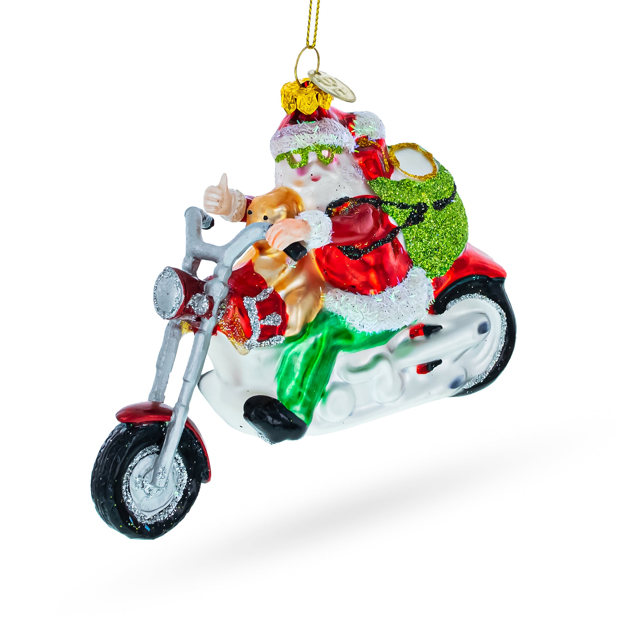 Biker Santa on Red Motorcycle Glass Christmas Ornament in Multi color Figurine