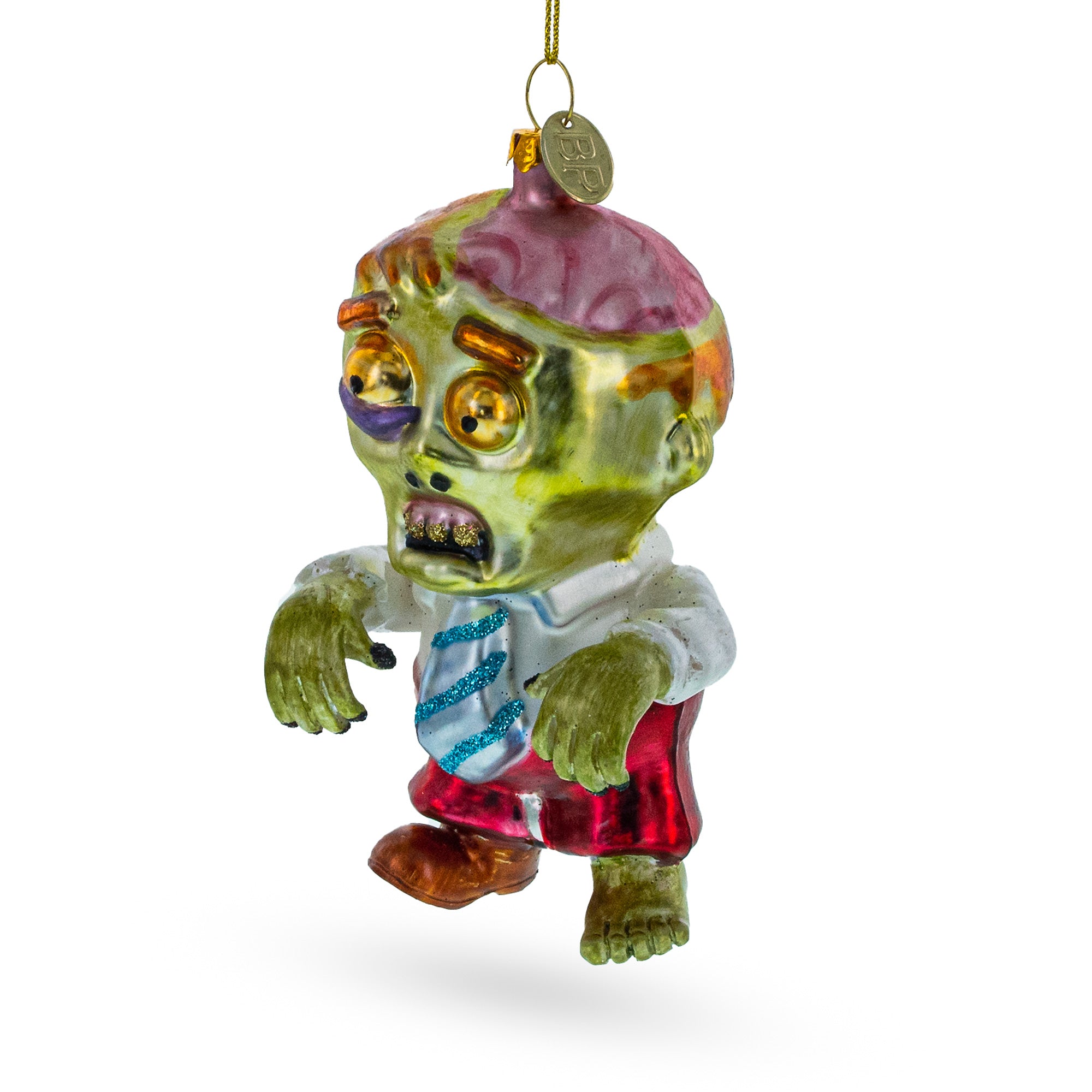 Zombie in Formal Attire Glass Christmas Ornament in Green color Figurine