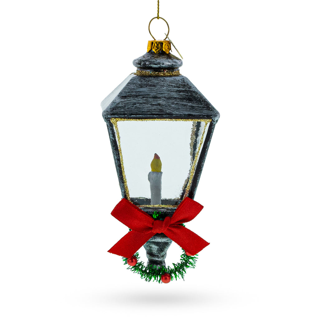 Glass Festive Lantern with Red Bow - Blown Glass Christmas Ornament in Multi color