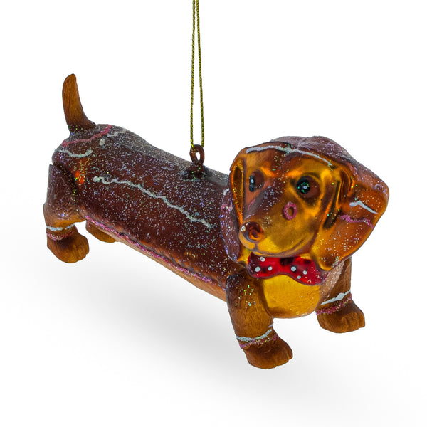 Dapper Dachshund with Bow - Blown Glass Christmas Ornament in Brown color,  shape