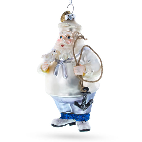 Sailor Santa with Anchor Blown Glass Christmas Ornament in White color