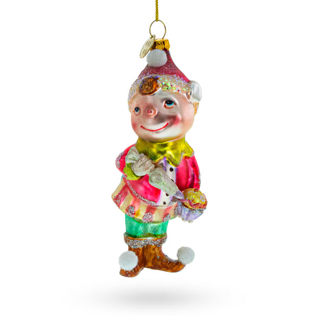 Glass Whimsical Elf Decorating Cupcake - Blown Glass Christmas Ornament in Multi color