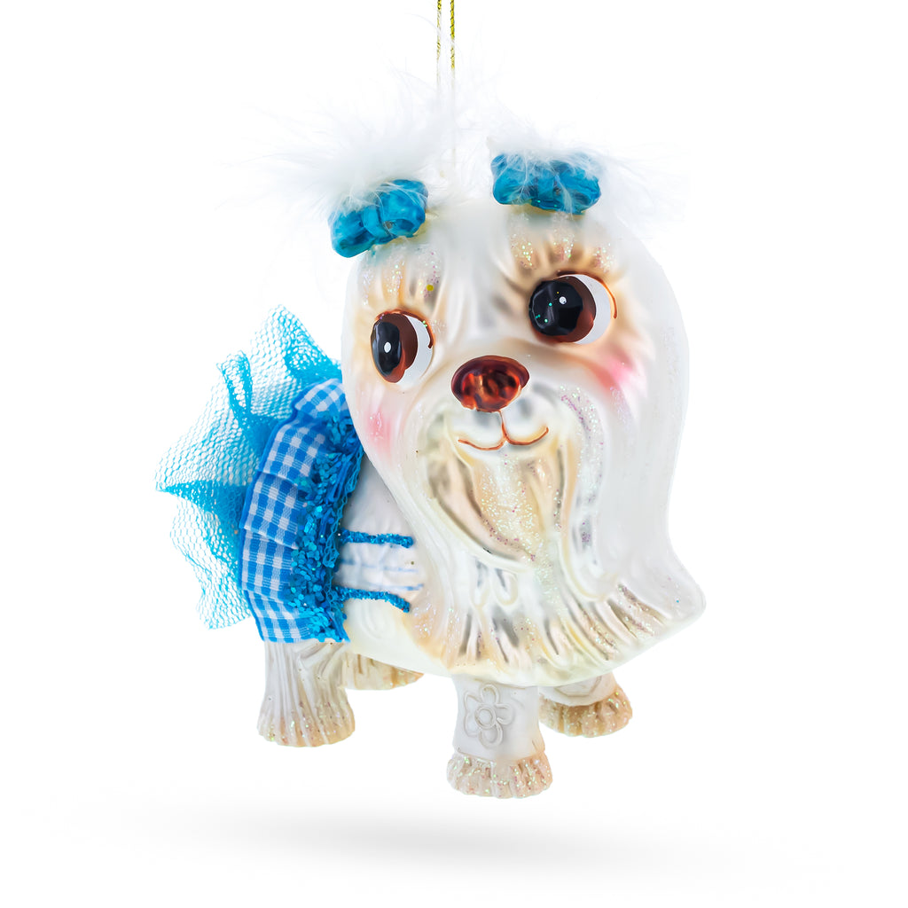 Maltese Dog in Blue Outfit Glass Christmas Ornament in Silver color Figurine