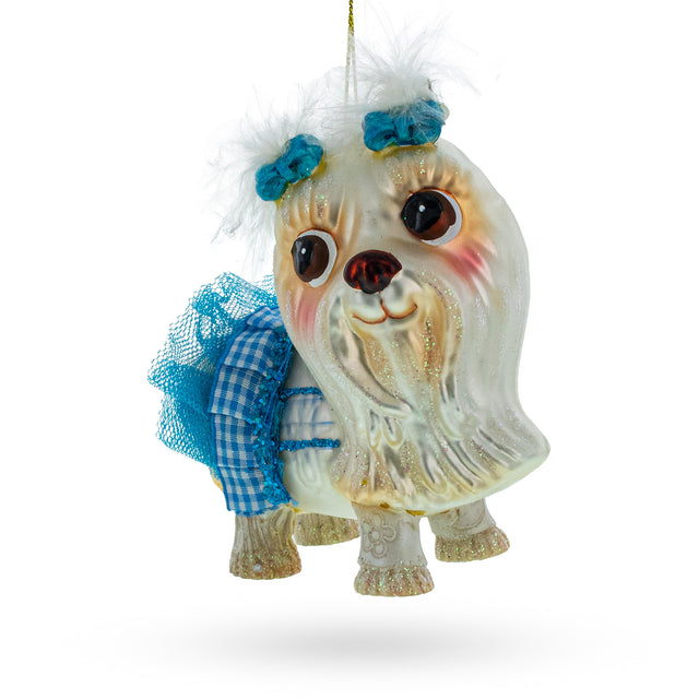 Glass Charming Yorkshire Terrier in Blue Outfit - Blown Glass Christmas Ornament in Multi color