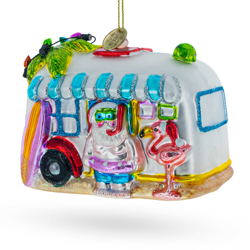 Snorkeling Santa in Camper Blown Glass Christmas Ornament in Multi color