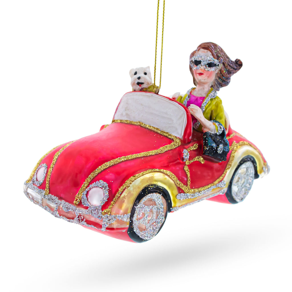 Stylish Woman Driving Pink Cabriolet Glass Christmas Ornament in Pink color Figurine