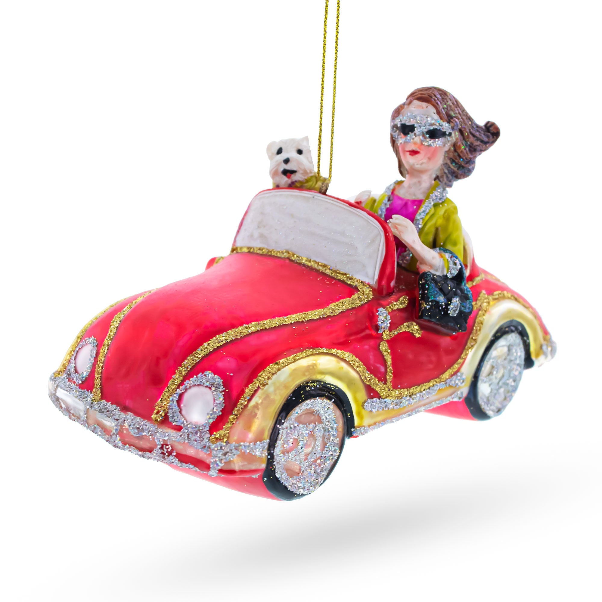 Stylish Woman Driving Pink Cabriolet Glass Christmas Ornament in Pink color Figurine