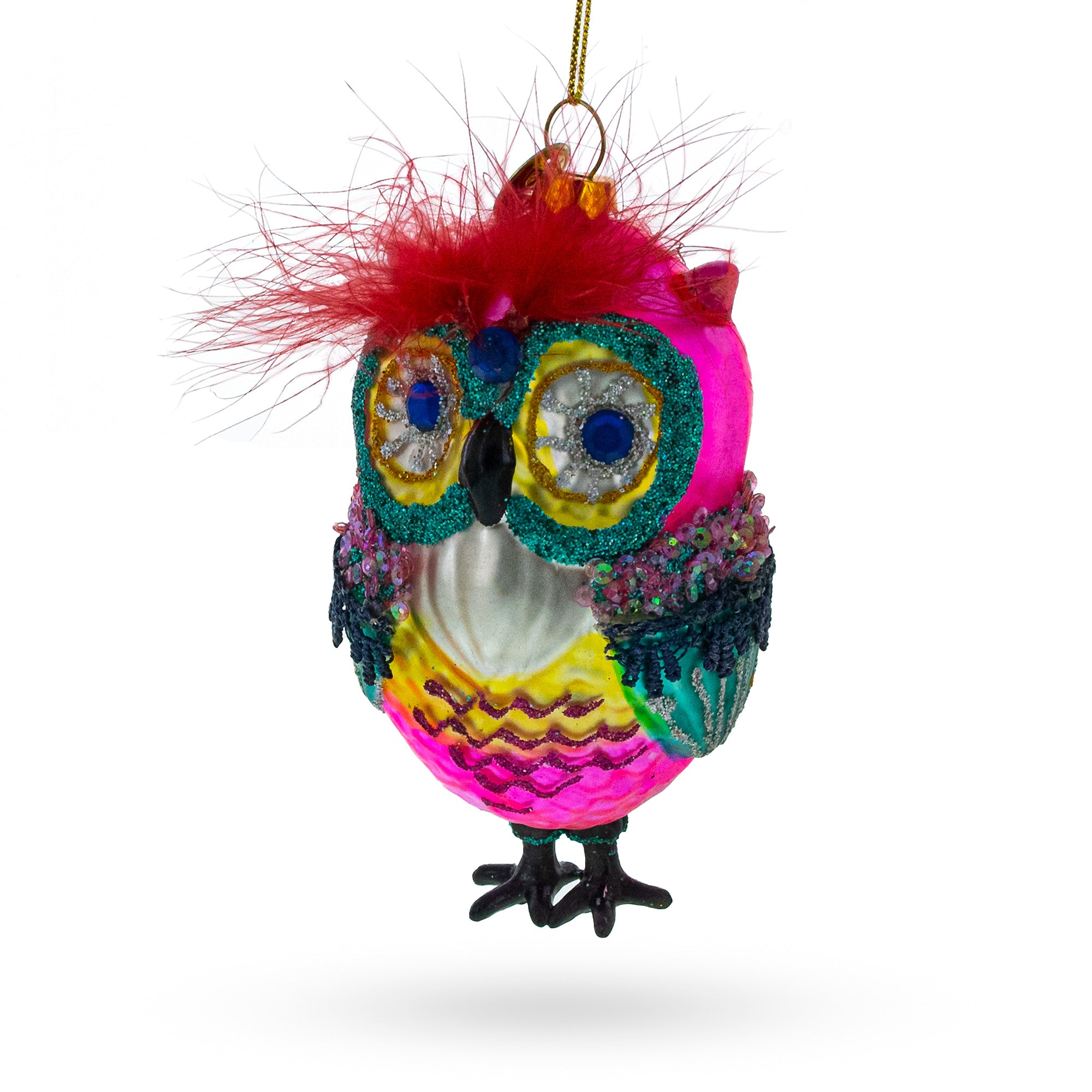 Vibrant Colorful Owl Glass Christmas Ornament in Pink color Figurine